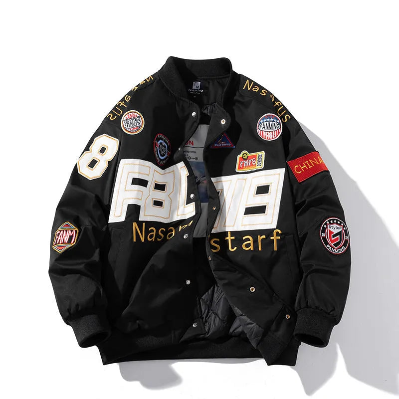 Black loose-fit motorcycle baseball jacket with a removable hood and side pocket.