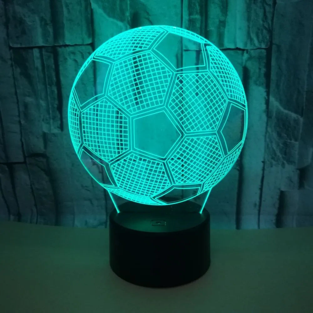 3D acrylic football night light displaying blue colour on a square black ABS base with USB cable.