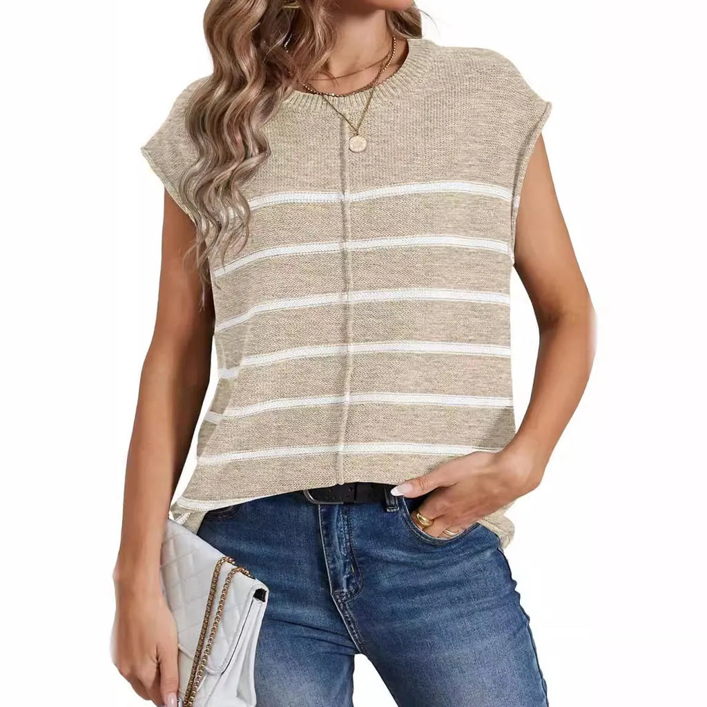 Women's striped sleeveless pullover vest top with bone stitching detail on seams