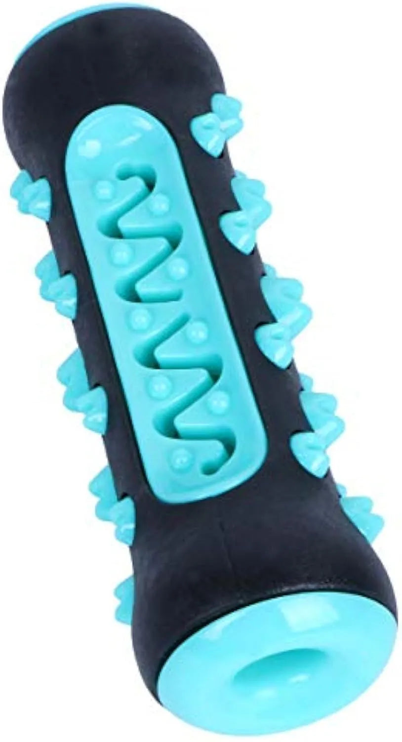 A 15cm long natural rubber dog toothbrush chew toy in assorted colours.