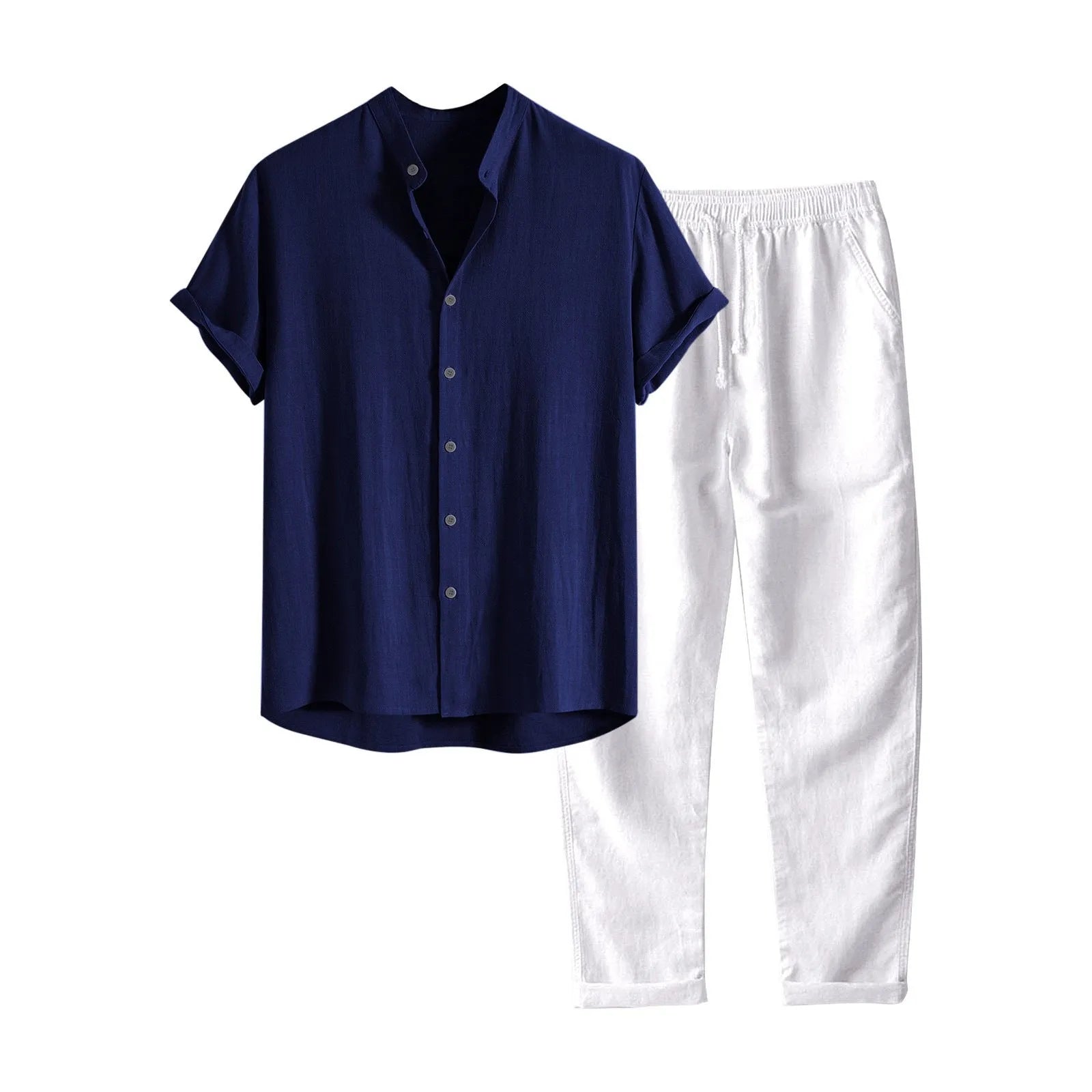 Men's casual loose fit polyester linen shirt and trousers suit in multiple colour options