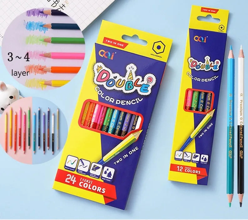 Wooden colour pencil set showing pencil detail and colour range options