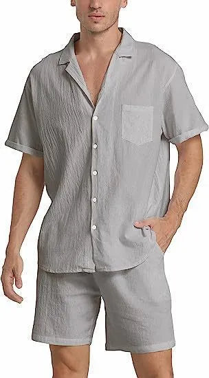 Men's flax summer sports shorts suit with short-sleeved top and matching athletic shorts