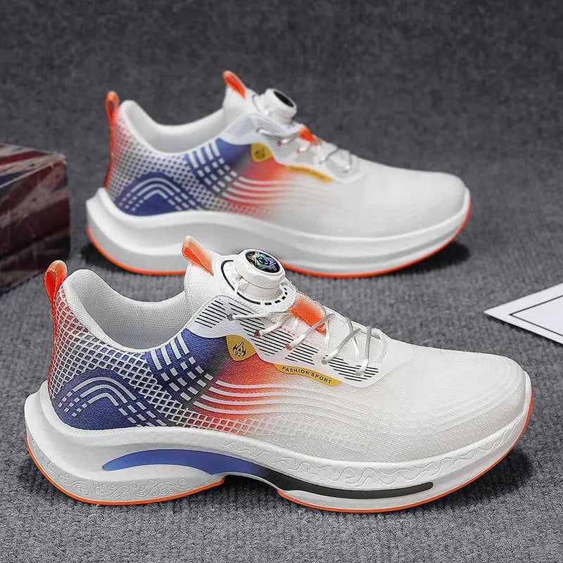 Men's white and blue mesh sneaker with a rotating buckle closure and rubber sole