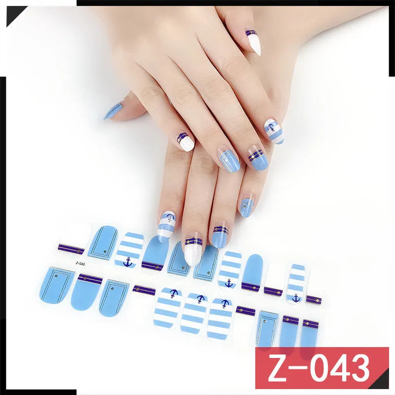 Korean Exquisite Nail Stickers pack showing colourful cartoon, floral, and embellished designs with included nail file.