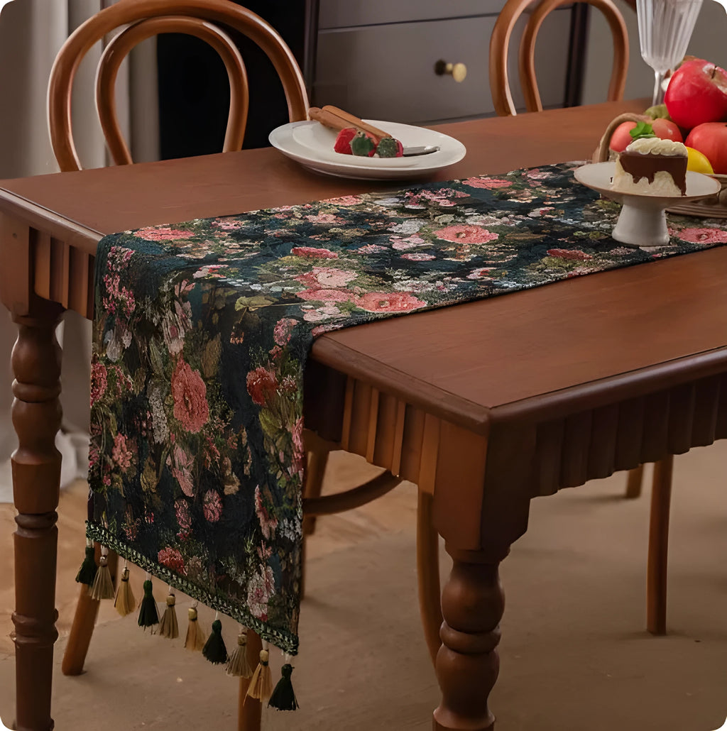 Country European retro style table flag with long handwoven tassels draped over a wooden sideboard.