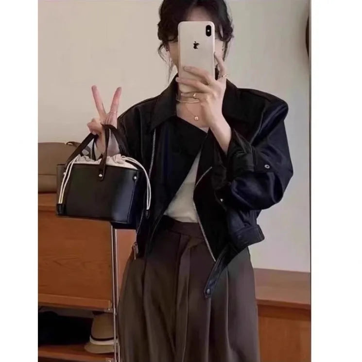 Women's retro brown leather-style coat jacket with slim fit and street fashion styling