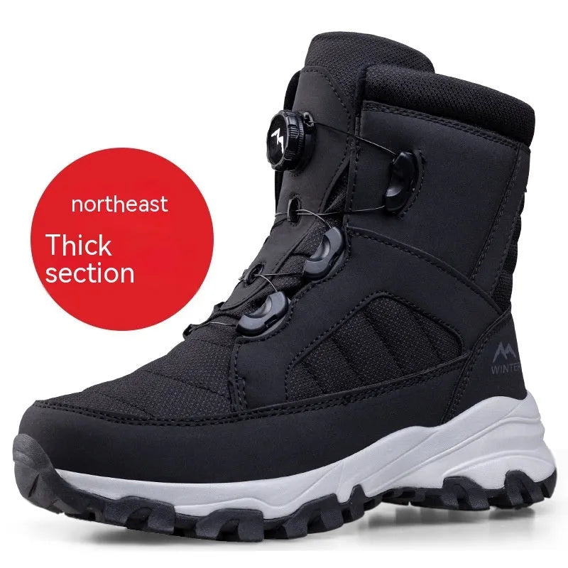 Men's button snow boots fleece-lined winter non-slip Oxford cloth upper black