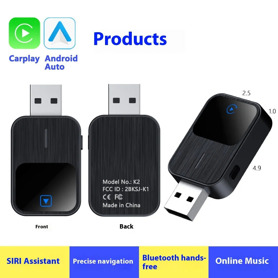 Carplay Box Android Auto two-in-one USB interconnection device in black, 2.5x4.9x1.0cm metal ABS construction