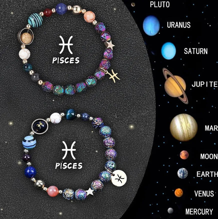 Pair of natural stone beaded bracelets with zodiac charms on an adjustable cord.