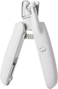 White pet nail clippers with LED light and a transparent anti-splash guard, shown with a nail file.