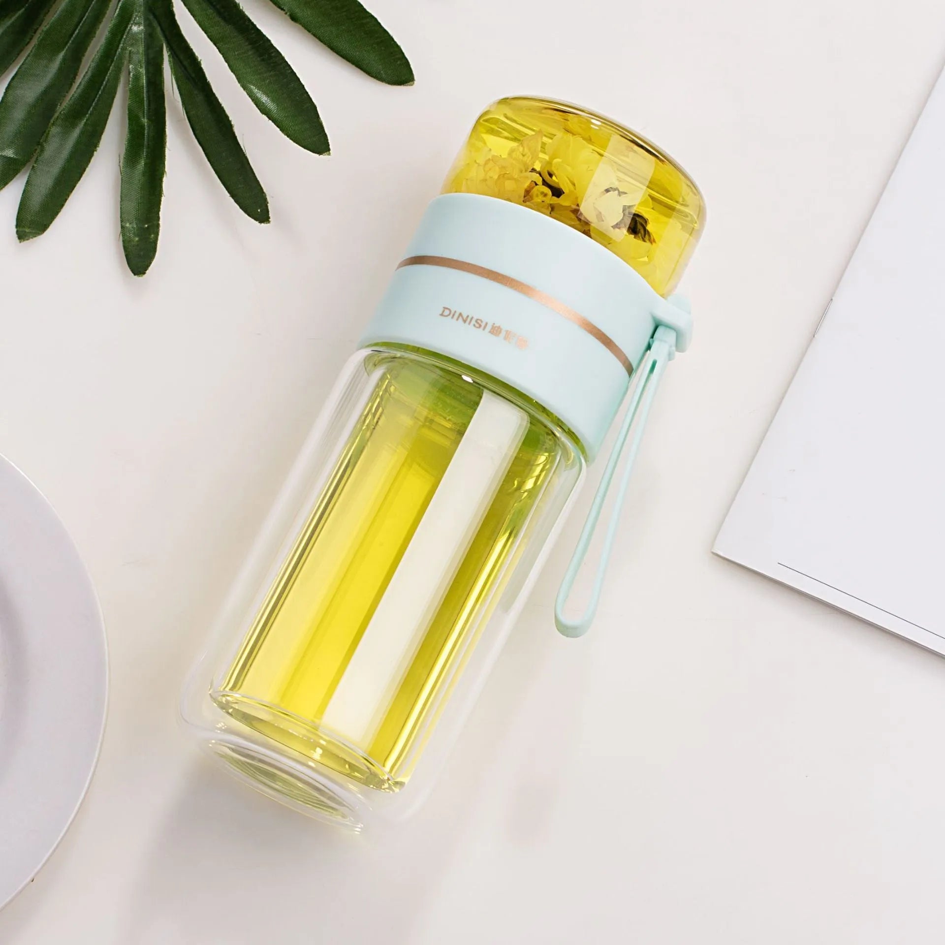 Double wall glass water bottle with tea infuser filter, leakproof, high borosilicate, stainless steel strainer, portable rope, 400ml