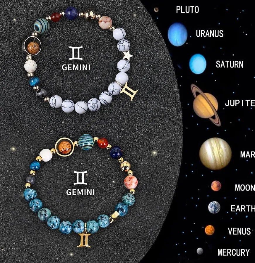 Two natural stone beaded bracelets showing different zodiac sign designs on an adjustable cord.