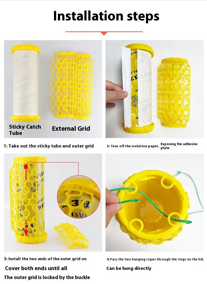 Hanging hornet catcher with sticky catcher and outer mesh for wasps and small flying insects in outdoor settings