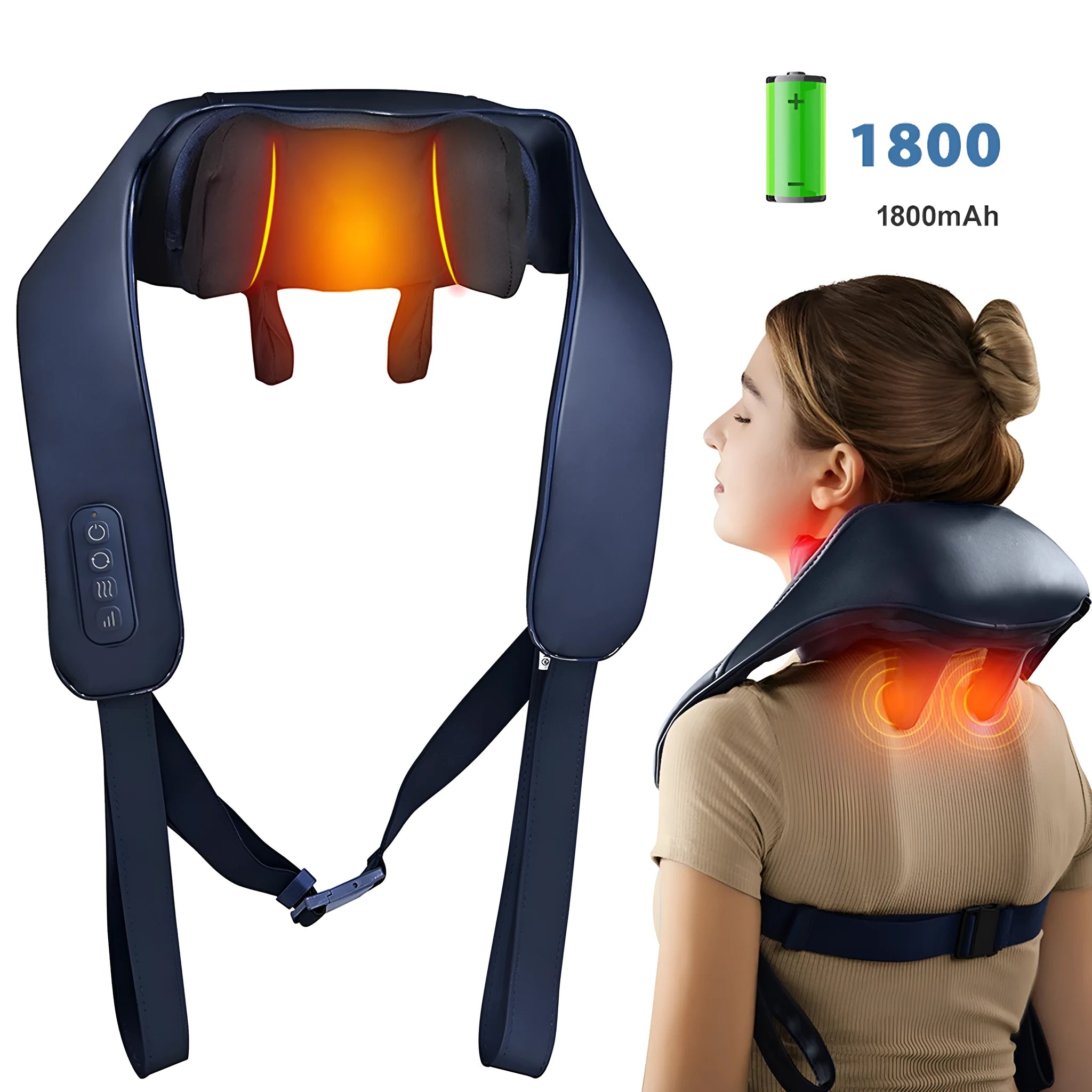 Blue electric shoulder massager with 4D kneading and heat therapy controls