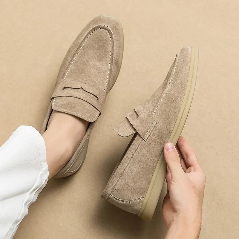 Men's leather slip-on casual shoe in beige with round toe and rubber sole