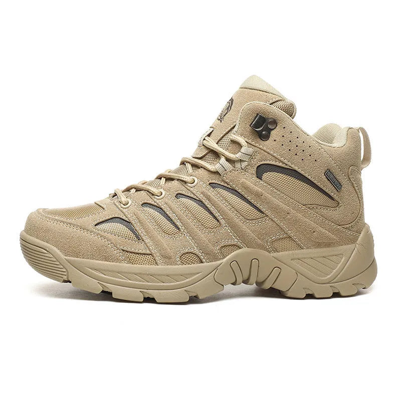 Outdoor high-top hiking boots for men, polyester fabric, black colour, side view