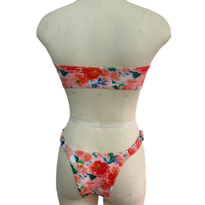 Floral print lace trim bikini set in blue colour, European style swimwear