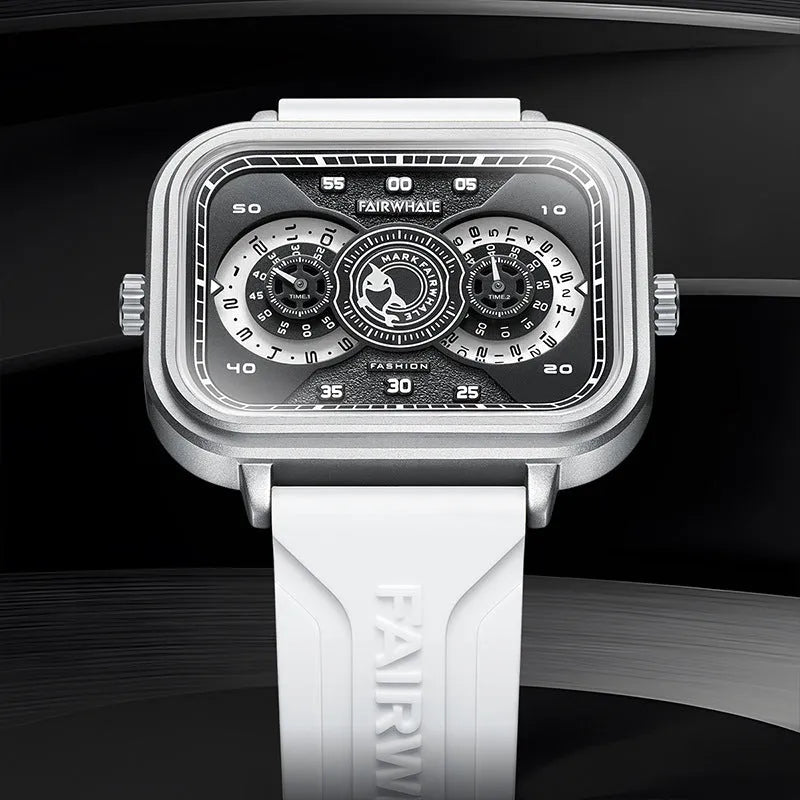 Men's multi-functional quartz watch with luminous display, alloy case, and silicone strap on a white background