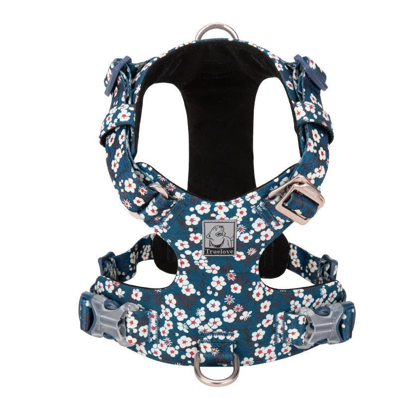 Pure cotton pet harness with floral pattern and chest strap in red, green, or blue colours