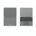 Grey wireless Bluetooth folding keyboard in closed and open positions for mobile phones and tablets