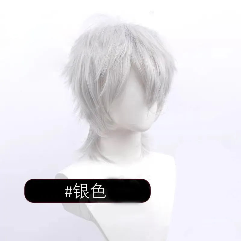 A short hairstyle Anime cosplay wig for men on a stand, shown in a vibrant colour.