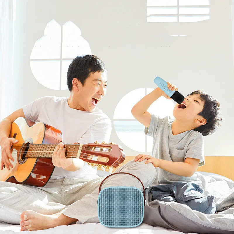 White portable Bluetooth speaker with wireless audio and microphone for hands-free calls.