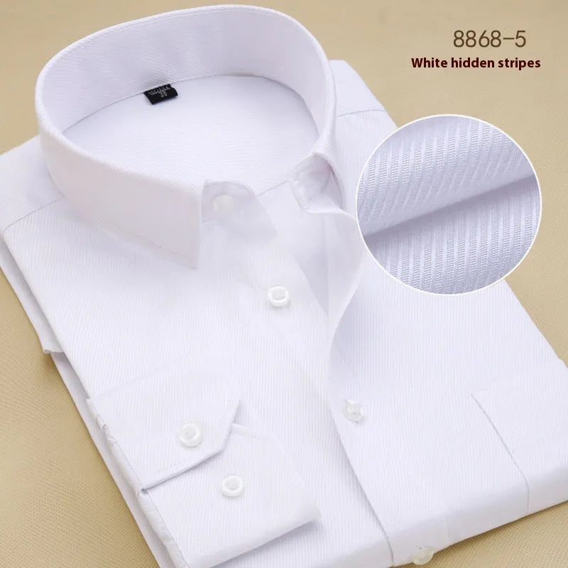 Men's black slim fit long sleeve cotton business shirt with cardigan style on a hanger.