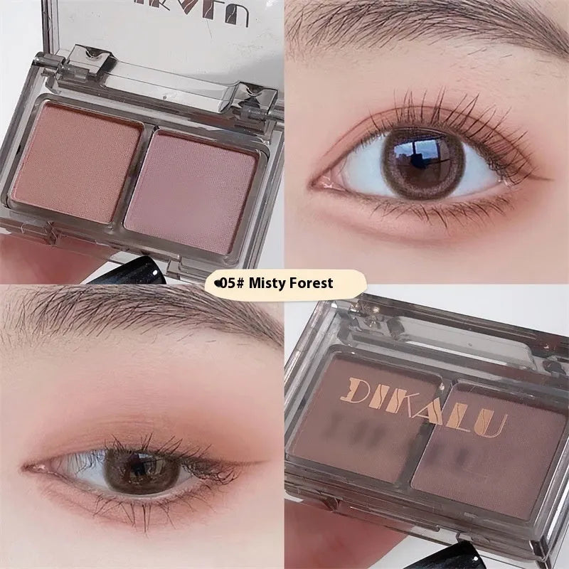 Cool two-tone eye shadow plate showing five colour classifications with matte and shimmer finishes