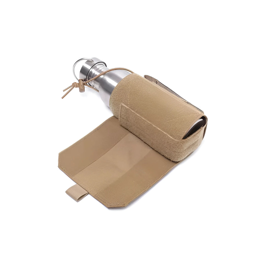 Adjustable outdoor bottle cover in Oxford cloth with elastic base, shown in black and khaki colours