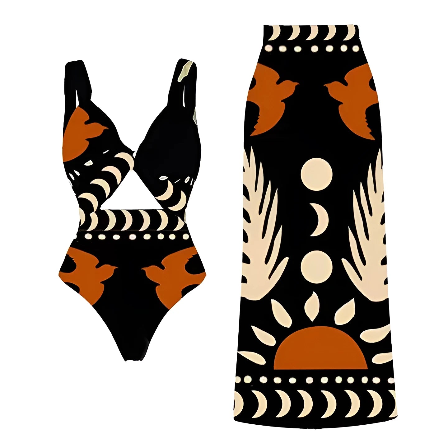 Women's black and yellow one-piece swimsuit with bird print, slit, and one-shoulder style options.