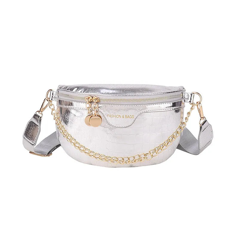 Shiny PU chest bag with chain shoulder strap available in silver colour