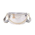 Shiny PU chest bag with chain shoulder strap available in silver colour