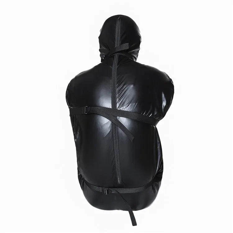 Black patent leather bondage set showing full-coverage body wrap and six ratchet tie-down straps