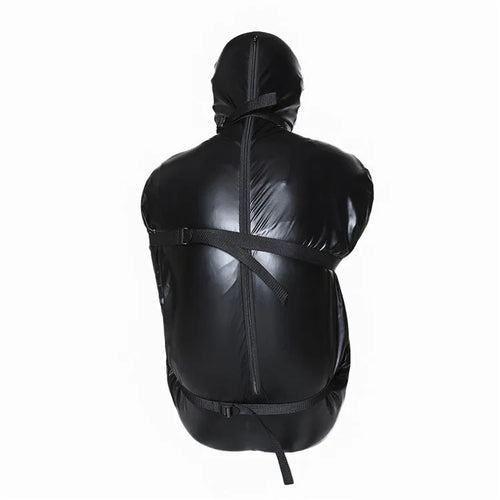 Black patent leather bondage set showing full-coverage body wrap and six ratchet tie-down straps