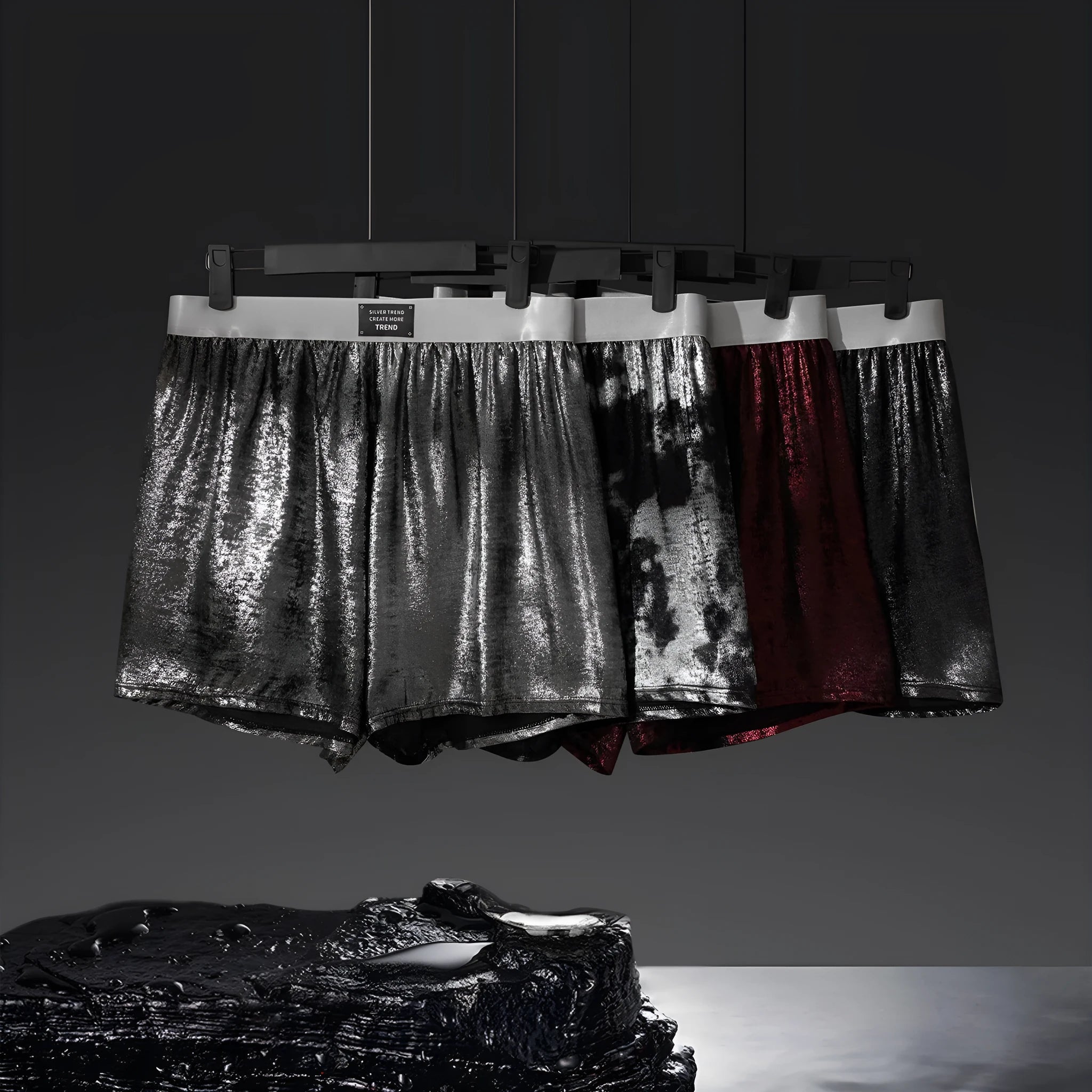 Galaxy reflective bright silver casual woven loose sports underwear in mid-waist design