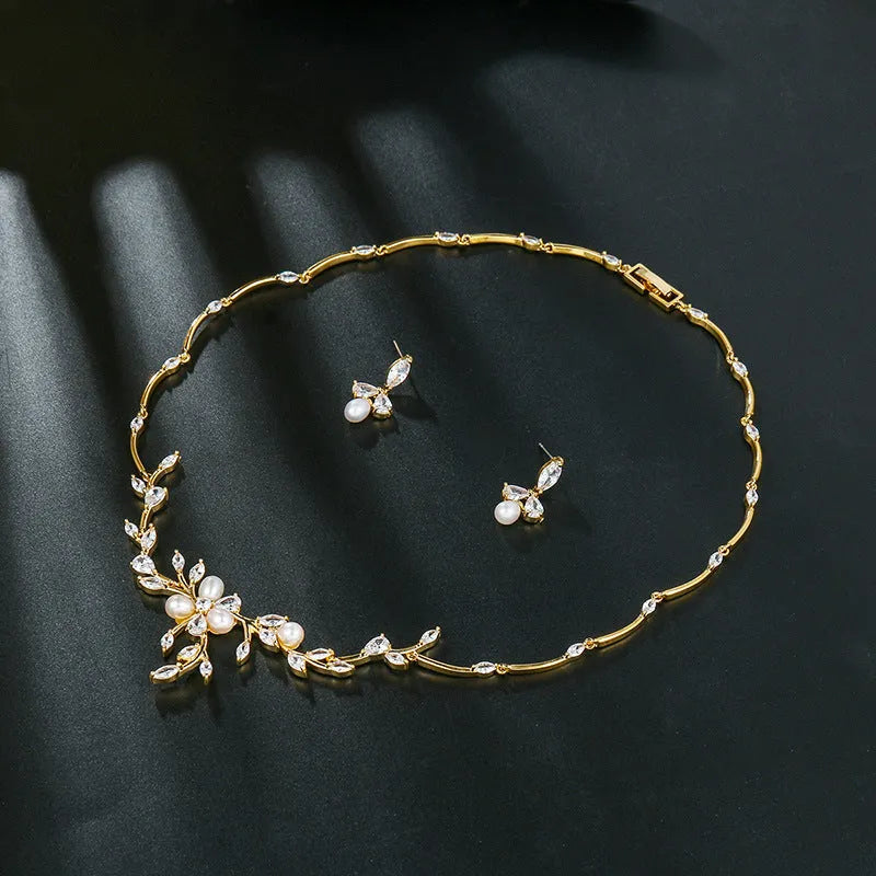 Sweet Pearl Zircon ear stud and necklace jewellery suit in copper alloy with electroplated finish