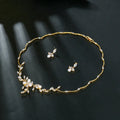 Sweet Pearl Zircon ear stud and necklace jewellery suit in copper alloy with electroplated finish