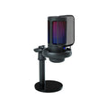 USB condenser microphone with colourful LED lights on a desktop cantilever stand.