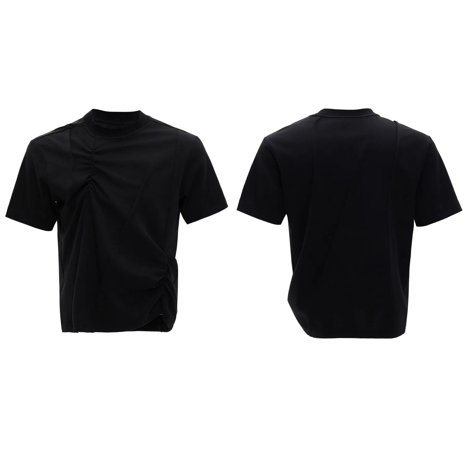 Men's grey cotton T-shirt with pleated detail and a round neck on a hanger.