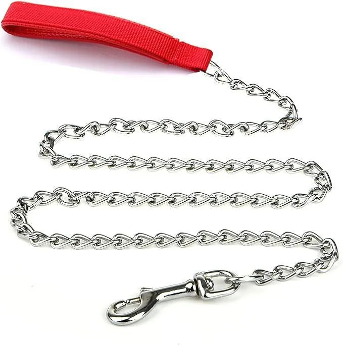 Heavy duty metal dog leash chain with soft black padded handle, shown in red.