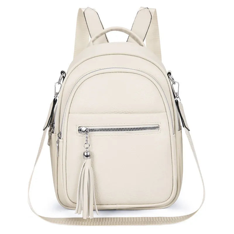Simple large capacity casual backpack for women in khaki, PU material, with outer pocket and sewing thread detail