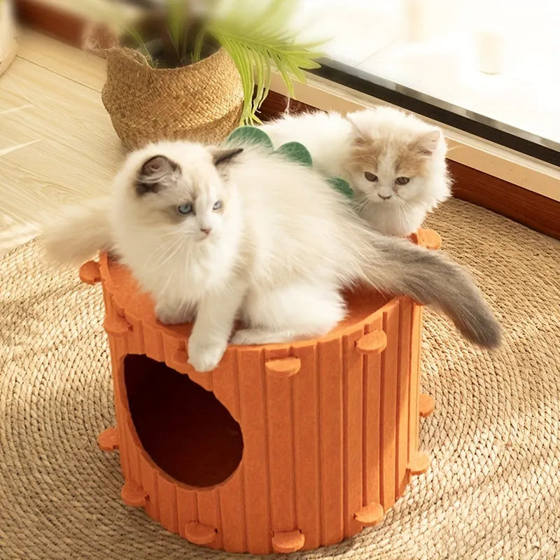 Carrot-shaped felt cat tunnel nest with semi-enclosed drilled design in various colours
