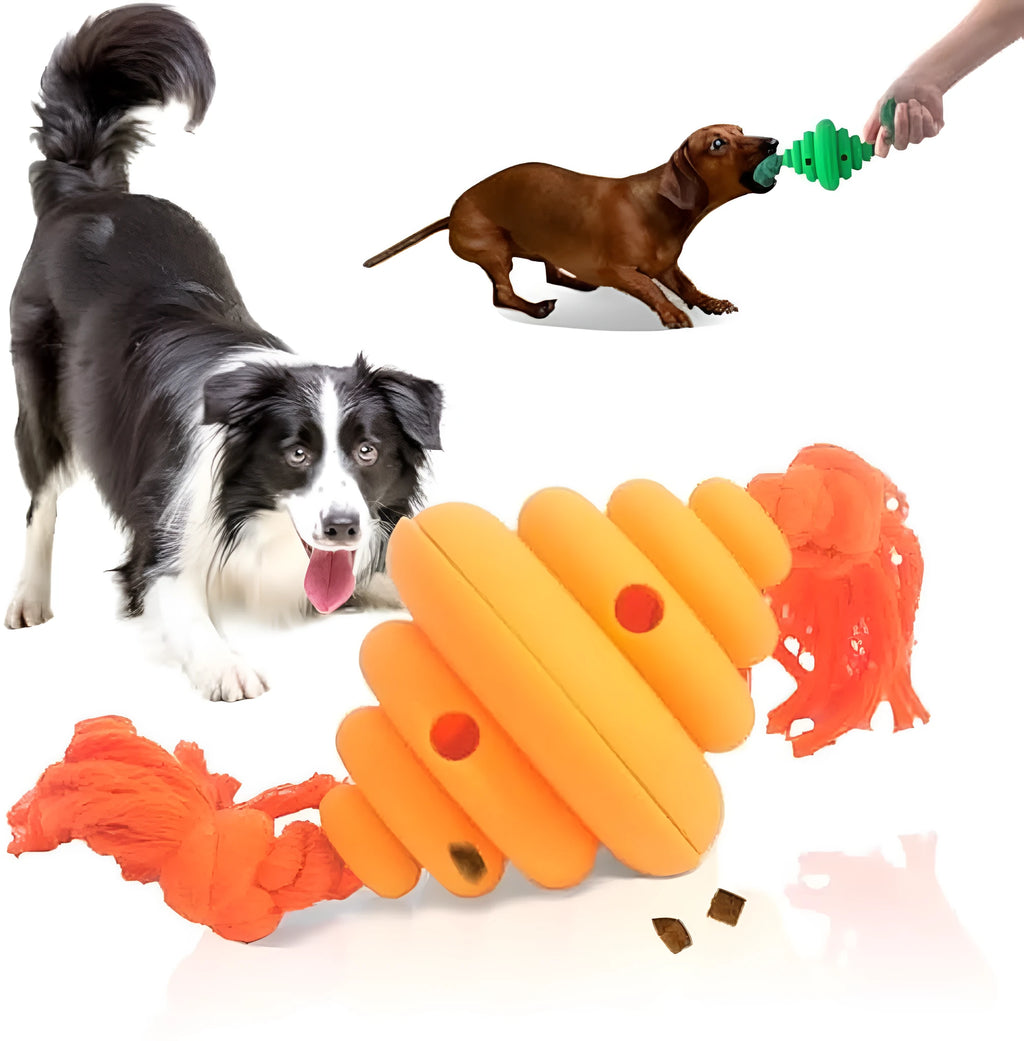 Green and yellow food-dispensing silicone dog ball with an attached rope for tug-of-war.