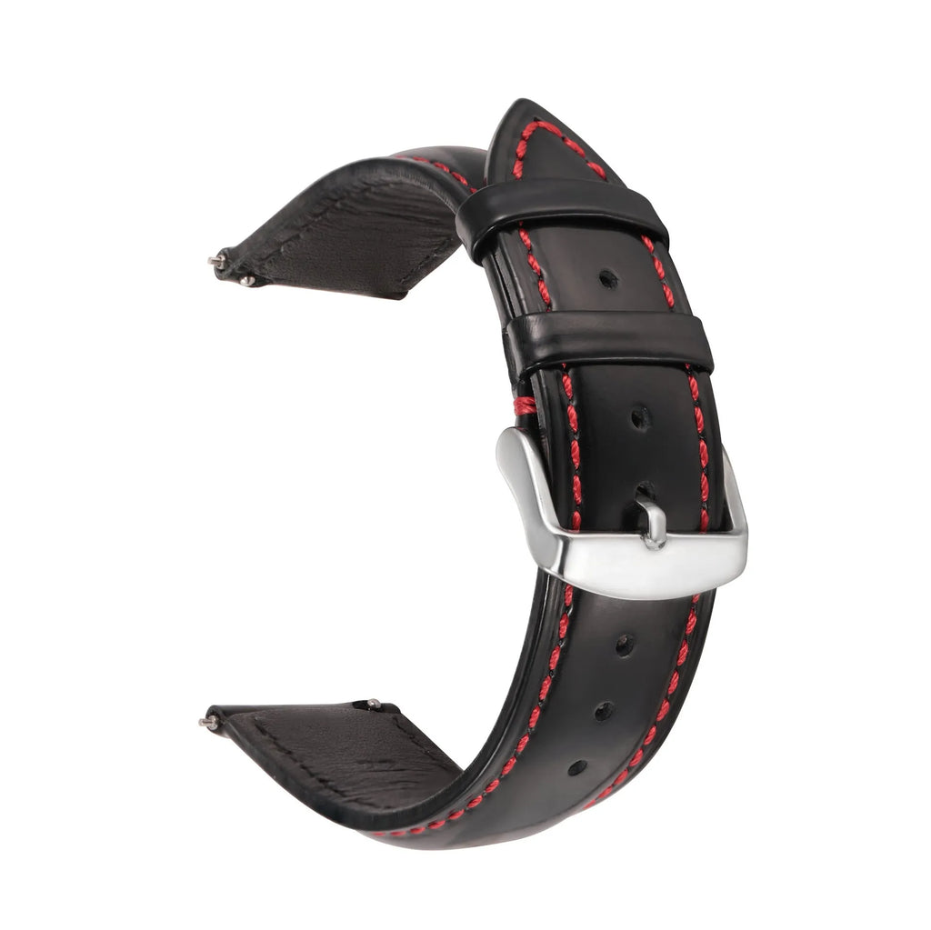 Quick release watch strap in cowhide leather showing buckle and multiple colour options including black, brown, and blue with white thread.