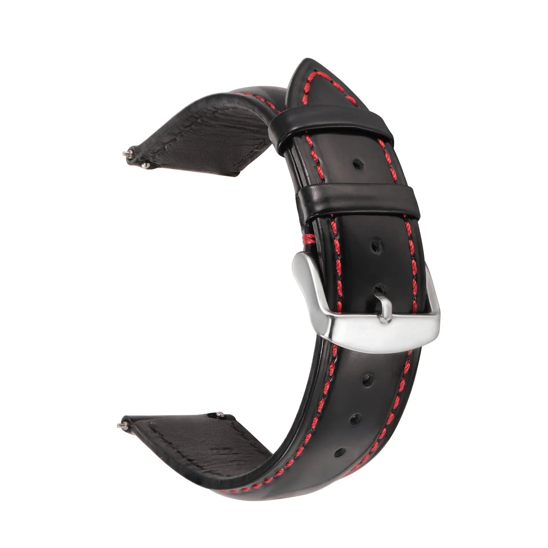 Quick release watch strap in cowhide leather showing buckle and multiple colour options including black, brown, and blue with white thread.