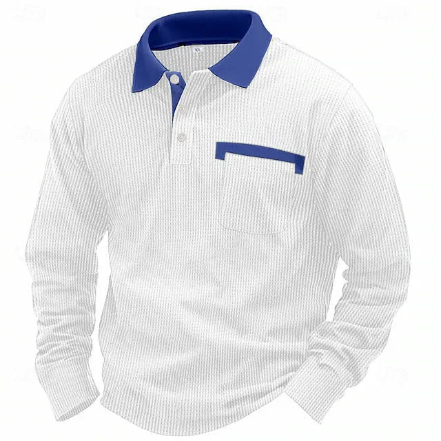 Man wearing a long-sleeved waffle knit polo shirt in a solid colour with an asymmetric design detail.