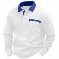 Man wearing a long-sleeved waffle knit polo shirt in a solid colour with an asymmetric design detail.