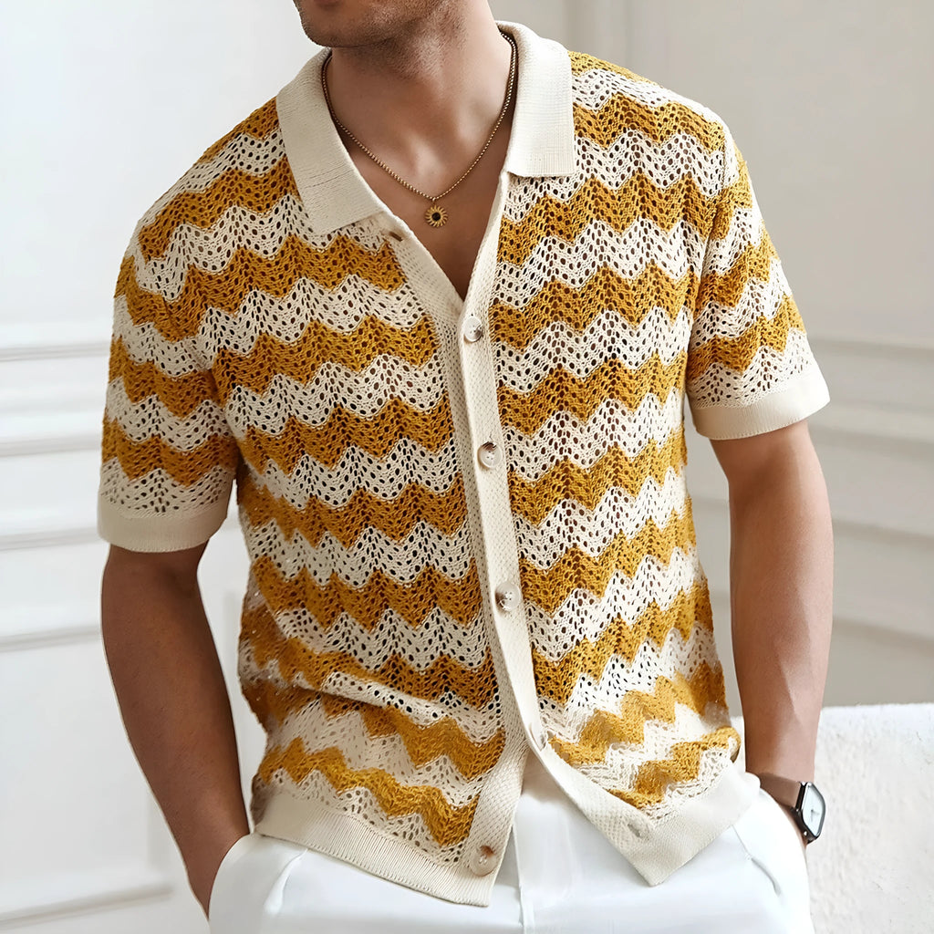 Short sleeve corrugated pattern sweater in blue colour with textured jacquard construction