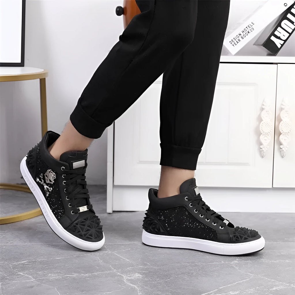Men's black genuine leather skeleton high top shoes with red laces and a rubber sole.